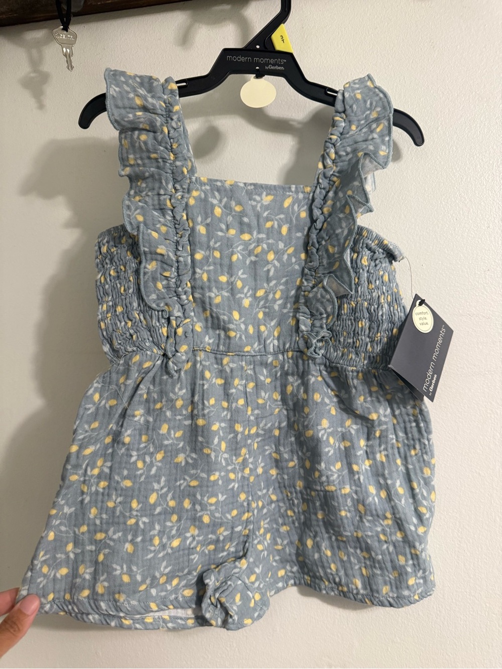 Girls' Light Blue Lemon Print Romper with Ruffle Straps